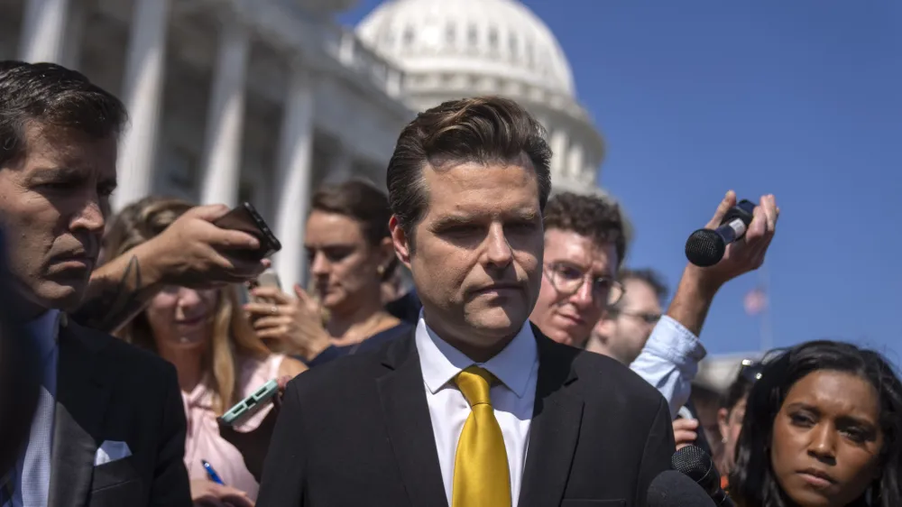 Rep. Matt Gaetz, R-Fla., one of House Speaker Kevin McCarthy's harshest critics, speaks to reporters on the steps of the Capitol in Washington, Monday, Oct. 2, 2023. Gaetz has said he plans to use a procedural tool called a motion to vacate to try and strip McCarthy of his office as soon as this week. (AP Photo/Mark Schiefelbein)