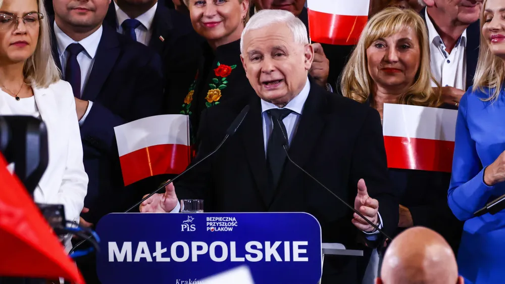 Jaroslaw Kaczynski, the leader of Law and Justice (PiS) ruling party, gives a speech during a final convention of elections campaign in Krakow, Poland on October 11, 2023. This year's parliamentary elections will be held in Poland on October 15th. (Photo by Beata Zawrzel/NurPhoto)NO USE FRANCE