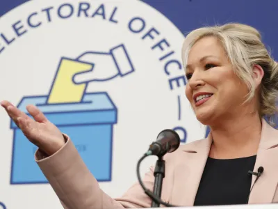 Sinn Fein's Michelle O'Neill speaks after topping the poll at the Medow Bank election count centre on Saturday, May, 7, 2022, in Magherafelt, Northern Ireland. (AP Photo/Peter Morrison)