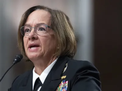 FILE - Navy Adm. Lisa Franchetti speaks during a Senate Armed Services Committee hearing on her nomination for reappointment to the grade of admiral and to be Chief of Naval Operations, Sept. 14, 2023, on Capitol Hill in Washington. The Senate circumvented a hold by Alabama Sen. Tommy Tuberville on Thursday and confirmed Franchetti to lead the Navy, making her the first woman to be a Pentagon service chief and the first female member of the Joint Chiefs of Staff. (AP Photo/Jacquelyn Martin, File)