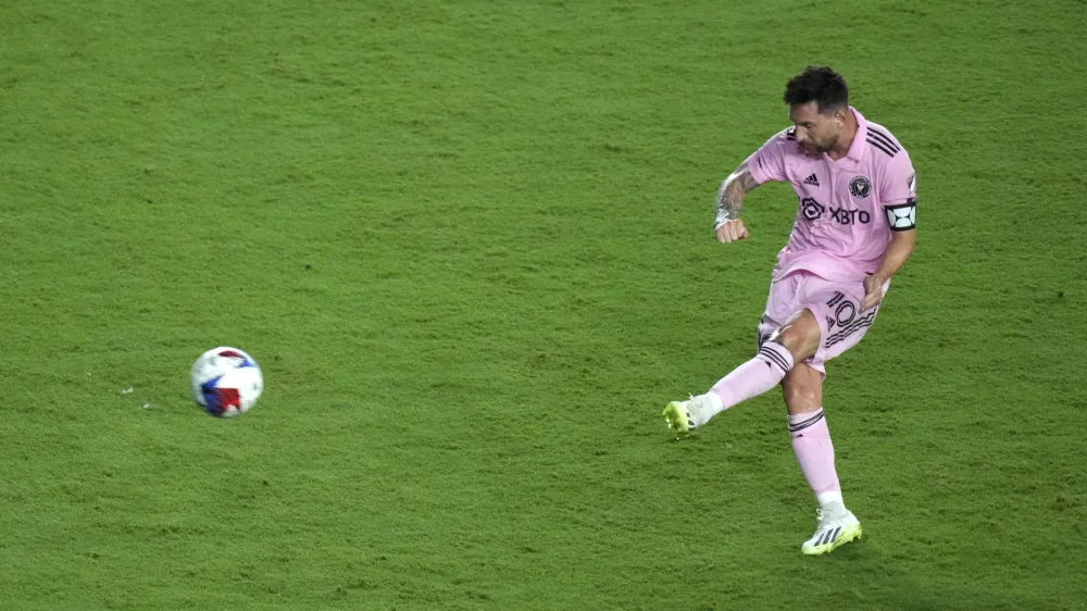 Jul 21, 2023; Fort Lauderdale, FL, USA; Inter Miami CF forward Lionel Messi (10) scores a goal against Cruz Azul during the second half at DRV PNK Stadium. Mandatory Credit: John David Mercer-USA TODAY Sports