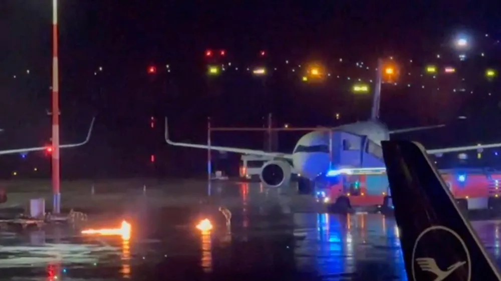 Fire engines arrive at the scene of two small fires at Hamburg Airport in Hamburg, Germany, November 4, 2023, in this screengrab obtained from a social media video. Video obtained by Reuters/via REUTERS THIS IMAGE HAS BEEN SUPPLIED BY A THIRD PARTY. NO RESALES. NO ARCHIVES.