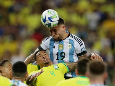 Soccer Football - World Cup - South American Qualifiers - Brazil v Argentina - Estadio Maracana, Rio de Janeiro, Brazil - November 21, 2023 Argentina's Nicolas Otamendi scores their first goal REUTERS/Ricardo Moraes