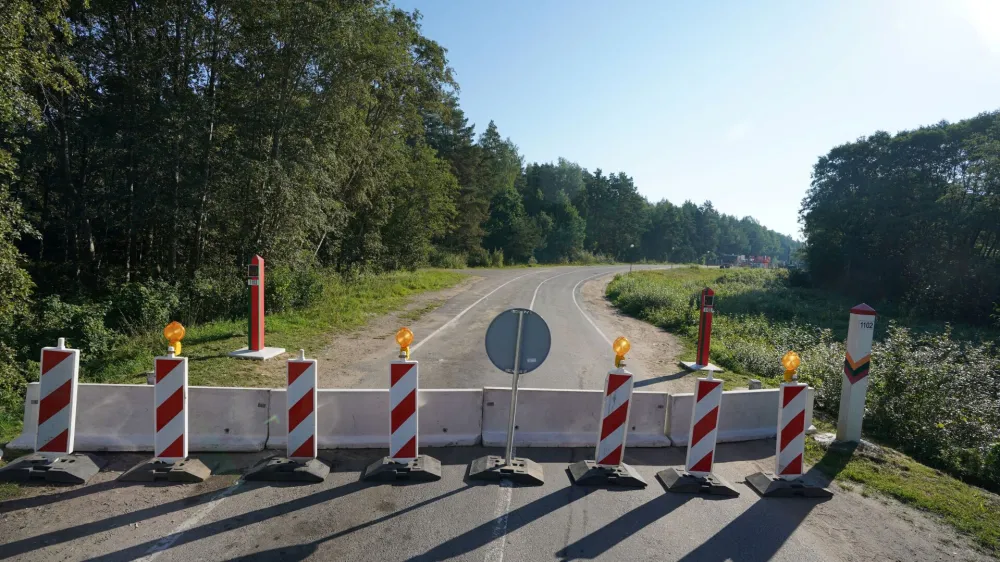 Concrete road blocks are placed at the border crossing with Belarus in Sumskas, Lithuania August 18, 2023. REUTERS/Janis Laizans