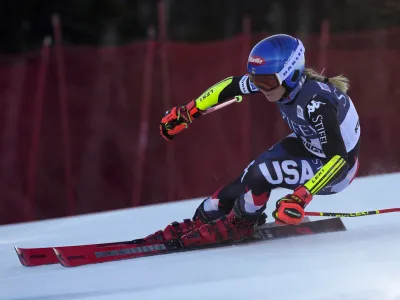 Mikaela Shiffrin of United States competes during a women's World Cup giant slalom skiing race Saturday, Nov. 25, 2023, in Killington, Vt. (AP Photo/Robert F. Bukaty)