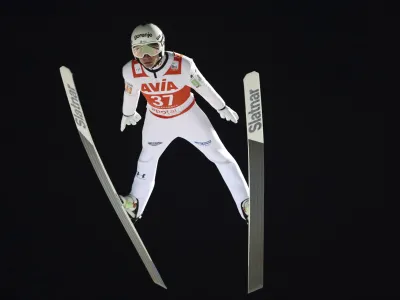 Anze Lanisek from Slovenia soars through the air in the World Cup for men, in Lillehammer, Norway, Saturday, Dec. 2, 2023. (Geir Olsen/NTB Scanpix via AP)