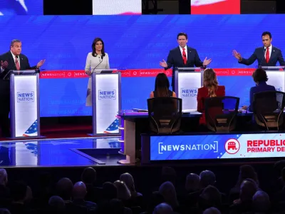 Former New Jersey Governor Chris Christie, former U.S. Ambassador to the United Nations Nikki Haley, Florida Governor Ron DeSantis and tech entrepreneur Vivek Ramaswamy participate during the fourth Republican candidates' debate of the 2024 U.S. presidential campaign hosted by NewsNation at the University of Alabama in Tuscaloosa, Alabama, U.S. December 6, 2023. REUTERS/Brian Snyder