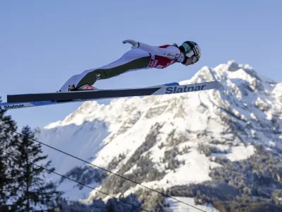 Nika Prevc of Slovenia competes during the women's FIS Ski Jumping World Cup competition at the Gross-Titlis Schanze in Engelberg, Switzerland, on Saturday, Dec. 16, 2023. (Philipp Schmidli/Keystone via AP)