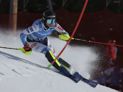 Slovenia's Ana Bucik speeds down the course during an alpine ski, women's World Cup slalom, in Are, Sweden, Saturday, March 11, 2023. (AP Photo/Alessandro Trovati)