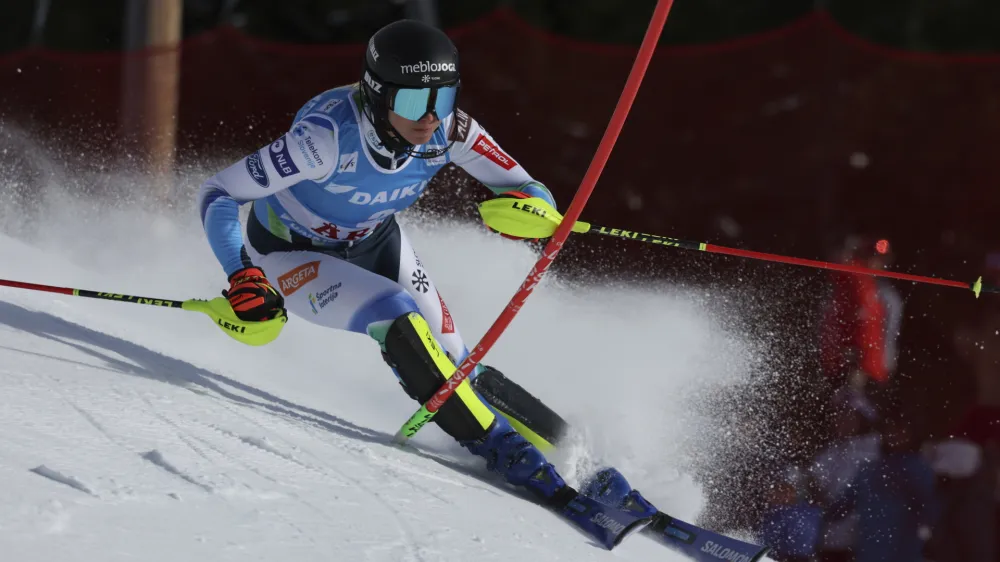 Slovenia's Ana Bucik speeds down the course during an alpine ski, women's World Cup slalom, in Are, Sweden, Saturday, March 11, 2023. (AP Photo/Alessandro Trovati)