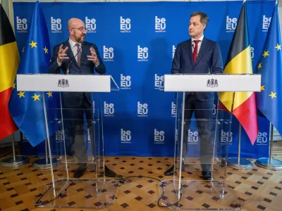 European Council President Belgian Charles Michel and Prime Minister Alexander De Croo are seen during a press conference following a meeting regarding the start of the Belgian presidency of the European Union on 01 January 2024, at the Prime's Minister's office in Brussels, Monday 18 December 2023. BELGA PHOTO JONAS ROOSENS. No Use Belgium.