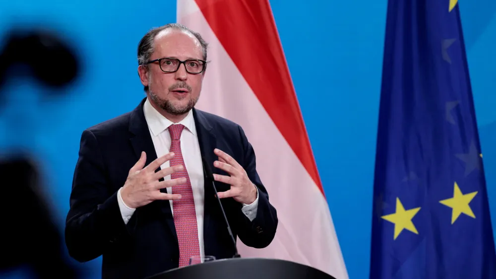 FILE PHOTO: Austrian Foreign Minister Alexander Schallenberg addresses the media prior to a meeting with his German counterpart Annalena Baerbock at the Foreign Ministry in Berlin, Germany, February 16, 2022. Hannibal Hanschke/Pool via REUTERS/File Photo