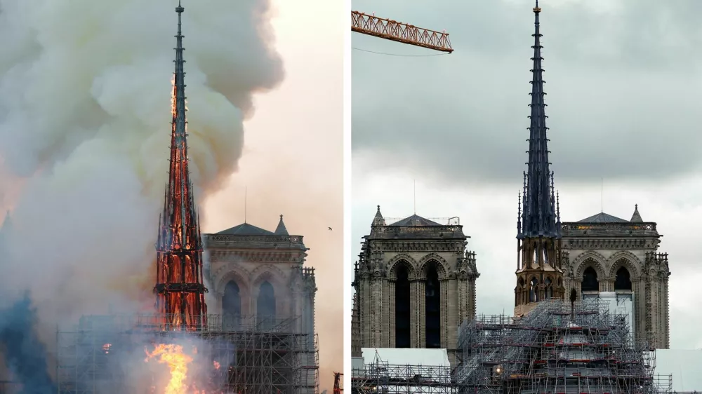 A combination picture shows smoke billowing as fire engulfs the spire of Notre Dame Cathedral in Paris, France, April 15, 2019 (top) and a view of the new spire, surmounted by the rooster and the cross as restoration works continue at the Notre-Dame de Paris Cathedral in Paris, France, March 30, 2024. REUTERS/Benoit Tessier and Gonzalo Fuentes   TPX IMAGES OF THE DAY