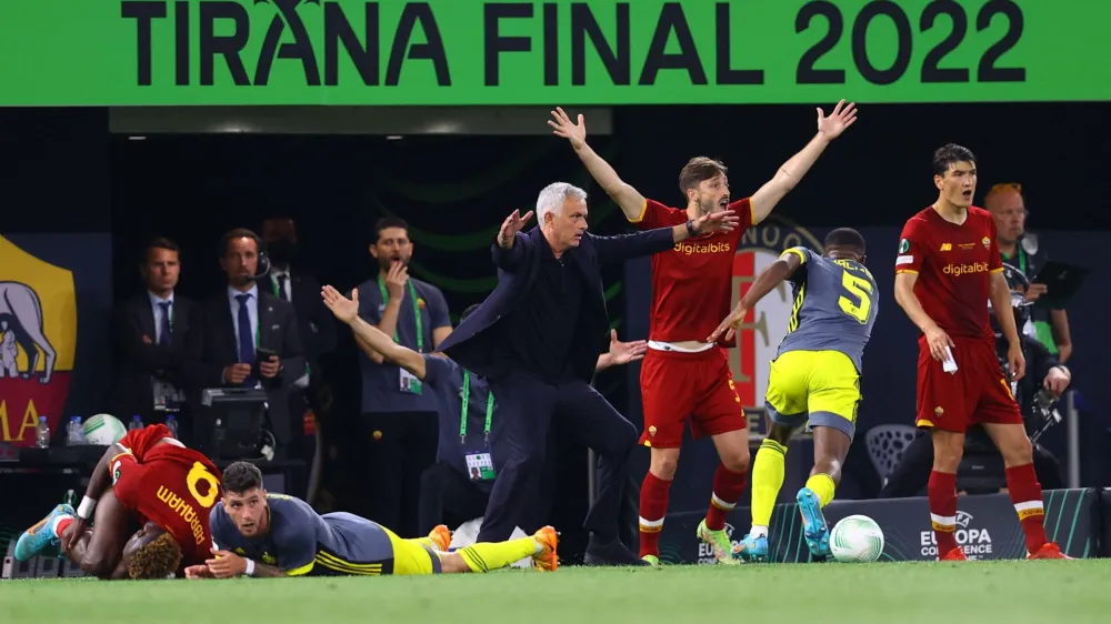 Soccer Football - Europa Conference League - Final - AS Roma v Feyenoord - Arena Kombetare, Tirana, Albania - May 25, 2022 AS Roma coach Jose Mourinho reacts REUTERS/Florion Goga