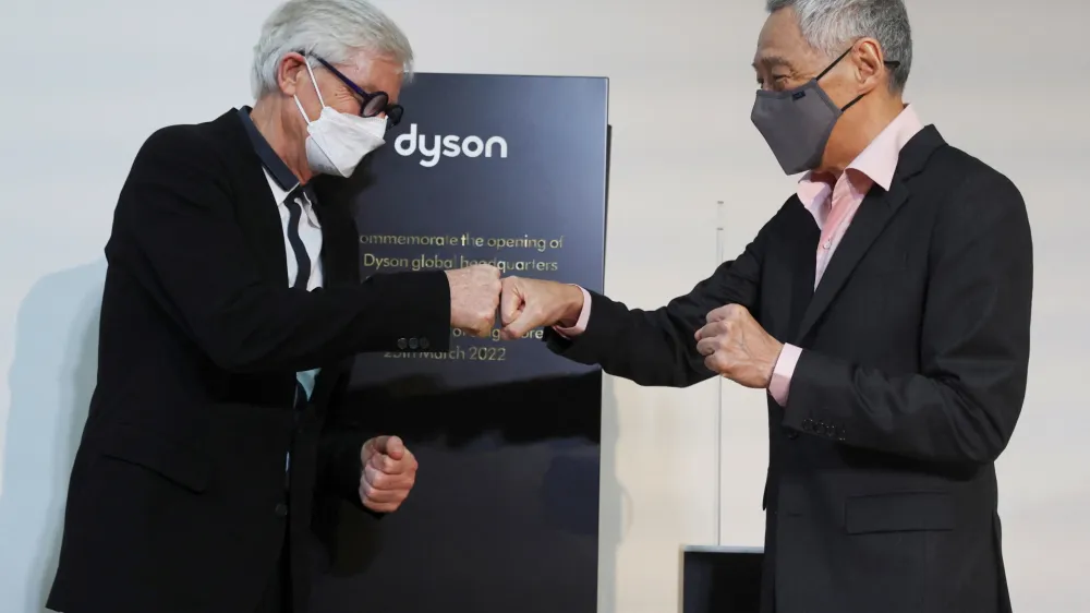 James Dyson and Singapore's Prime Minister Lee Hsien Loong attend the opening ceremony of Dyson's new global headquarters at St James Power Station in Singapore March 25, 2022. REUTERS/Edgar Su