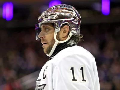 Dec 10, 2023; New York, New York, USA; Los Angeles Kings center Anze Kopitar (11) skates to the bench during the second period against the New York Rangers at Madison Square Garden. Mandatory Credit: Danny Wild-USA TODAY Sports