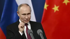 Russian President Vladimir Putin gestures as he talks with students of the Harbin Institute of Technology in Harbin, northeastern China's Heilongjiang Province, on Friday, May 17, 2024. (Sergei Guneyev, Sputnik, Kremlin Pool Photo via AP)