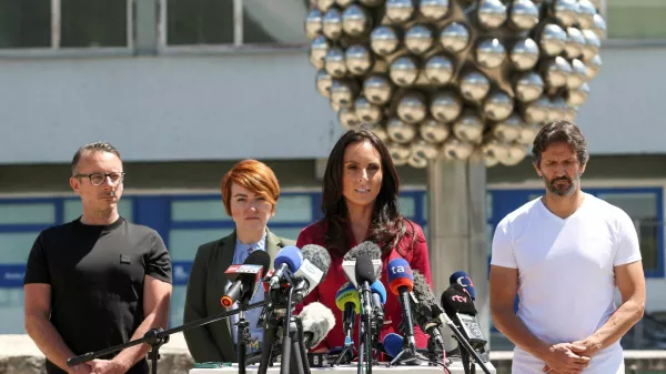 Slovakia's Health Minister Zuzana Dolinkova, Minister of Defense Robert Kalinak and director of the F.D. Roosevelt University Hospital in Banska Bystrica Miriam Lapunikova hold a press conference outside the F.D. Roosevelt University Hospital, where Slovak Prime Minister Robert Fico is hospitalised following an assassination attempt, in Banska Bystrica, Slovakia, May 18, 2024. REUTERS/Bernadett Szabo