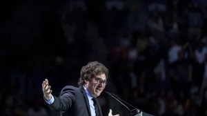 Argentina's president Javier Milei gestures as he delivers a speech on stage during the Spanish far-right wing party Vox's rally "Europa Viva 24" in Madrid, Spain, Sunday, May 19, 2024. VOX has invited speakers from across the right wing spectrum including Marine Le Pen, Viktor Orban and Argentine President Javier Milei who has been visiting Spain since Friday. (AP Photo/Manu Fernandez)