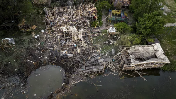 Destroyed resort compound is seen from above after a Russian rocket attack near Kharkiv, Ukraine, Sunday, May 19, 2024. According to officials, several people were killed in this attack. (AP Photo/Evgeniy Maloletka)