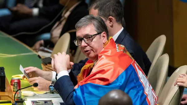 Serbian President Aleksandar Vucic wears a Serbian flag as he attends the United Nations General Assembly, following a vote on the creation of an international day to commemorate the Srebrenica genocide, at the United Nations Headquarters in New York City, U.S. May 23, 2024. REUTERS/Eduardo Munoz