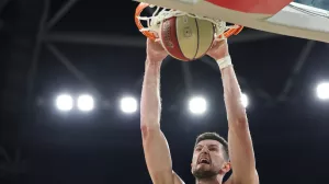 In action during ABA League 2023-2024 regular season basketball match between Cedevita Olimpija and Mega Mis in Ljubljana, Slovenia on September 30,2023