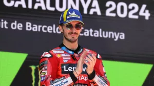 MotoGP - Catalunya Grand Prix - Circuit de Barcelona-Catalunya, Barcelona, Spain - May 26, 2024 Ducati Lenovo Team's Francesco Bagnaia celebrates on the podium after winning the Catalunya Grand Prix REUTERS/Bruna Casas