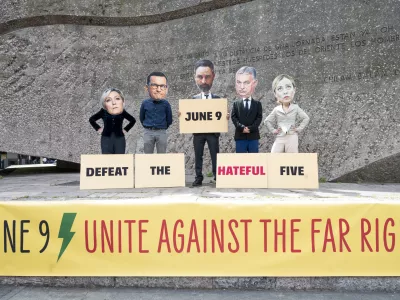 Several activists wearing the faces of different far-right politicians (from left to right); Marine Le Pen, Mateusz Morawiecki, Santiago Abascal, Viktor Orb?n, and Giorgia Meloni take part during the demonstration at Plaza de Colon. Hundreds of people protested against the extreme right and fascist movement in Europe and urged European citizens to mobilize against the advance of the extreme right in the face of the European elections to be held in coming June 9 at Plaza Colon in Madrid, Spain. Civil society organizations and LGBTIQ community activists organized this protest under the slogan 'All to Col?n against Fascism' against the event held today by VOX in Vistalegre which was also attended by Argentine president Javier Milei.