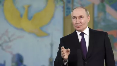 Russian President Vladimir Putin speaks to Russian journalists after his talks with Uzbek President Shavkat Mirziyoyev in Tashkent, Uzbekistan, Tuesday, May 28, 2024. (Mikhail Metzel, Sputnik, Kremlin Pool Photo via AP)