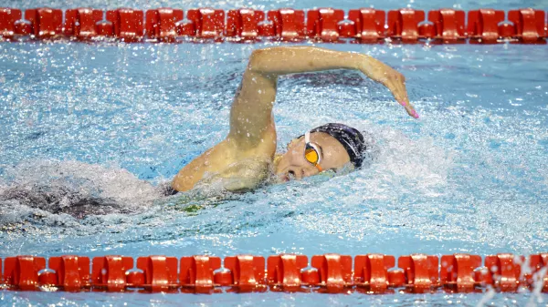 Slovenia's Neza Klancar competes during the first heat of the Women's 100m Individual Medley at the LEN European Short Course Swimming Championships in Otopeni, Romania, Wednesday, Dec. 6, 2023. (AP Photo/Andreea Alexandru)