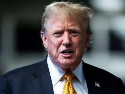 Former President Donald Trump speaks at the end of the day as jurors began deliberations for his criminal trial at the Manhattan Criminal Court in New York, in New York, U.S., May 29, 2024. Jabin Botsford/Pool via REUTERS