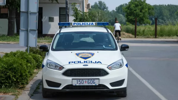 ﻿Picture of a Ford car from the Croatian police forces, also known as Hrvatska Policija or MUP, in the street of Vukovar