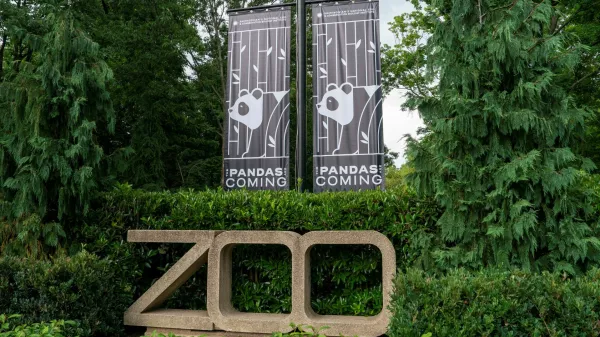 A banner reading "Pandas are Coming" is seen at the entrance of the National Zoo after China's ambassador to the United States Xie Feng spoke to the media as he and staff members from The National Zoo and Conservation Biology Institute (NZCBI) announced that China will send two young giant pandas to the United States, during an update on the future of the giant panda conservation program at Smithsonian's National Zoo in Washington, U.S., May 29, 2024. REUTERS/Ken Cedeno