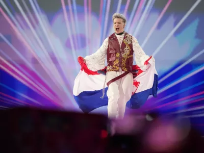 Baby Lasagna of Croatia poses during the flag parade, of the Grand Final of the Eurovision Song Contest in Malmo, Sweden, Saturday, May 11, 2024. (AP Photo/Martin Meissner)