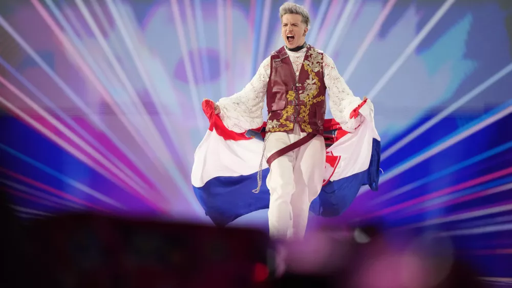 Baby Lasagna of Croatia poses during the flag parade, of the Grand Final of the Eurovision Song Contest in Malmo, Sweden, Saturday, May 11, 2024. (AP Photo/Martin Meissner)