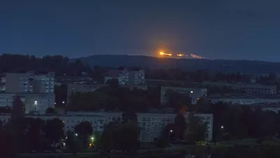 01 June 2024, Ukraine, Lviv: Explosions are visible at a distance from a massive Russian missile attack on Ukrainian infrastructure with missiles on the morning of 01 June. Russia once again has attacked underground gas storage facilities in western Ukraine. Photo: Artur Abramiv/ZUMA Press Wire/dpa