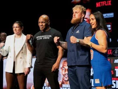 FILE PHOTO: Boxers Mike Tyson, Jake Paul, Katie Taylor, and Amanda Serrano attend a news conference, ahead of their sanctioned professional fight which was set to take place at AT&T Stadium in Arlington, Texas on July 20, in New York City, U.S., May 13, 2024. REUTERS/David 'Dee' Delgado/File Photo