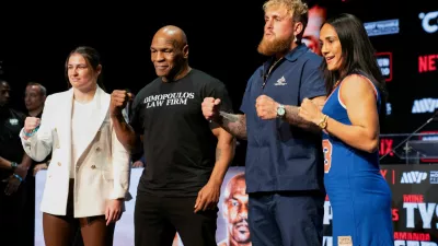 FILE PHOTO: Boxers Mike Tyson, Jake Paul, Katie Taylor, and Amanda Serrano attend a news conference, ahead of their sanctioned professional fight which was set to take place at AT&T Stadium in Arlington, Texas on July 20, in New York City, U.S., May 13, 2024. REUTERS/David 'Dee' Delgado/File Photo