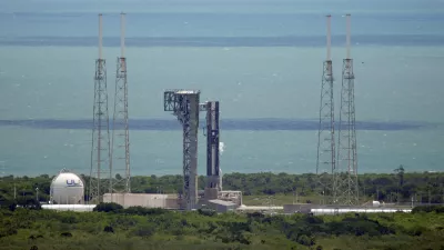 Boeing's Starliner capsule, atop an Atlas V rocket, sits the launch pad at Space Launch Complex 41 after being scrubbed Saturday, June 1, 2024, in Cape Canaveral, Fla. (AP Photo/Chris O'Meara)