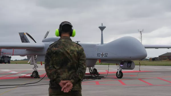 03 June 2024, Schleswig-Holstein, Jagel: A Bundeswehr Heron drone parks on the airfield of Tactical Air Force Wing 51 "Immelmann" during the NATO "Tiger Meet" air force training exercises "Tiger Meet". The international exercise in Jagel, features around 60 fighter jets and helicopters from 11 NATO countries, along with participants from Switzerland and Austria. Photo: Marcus Brandt/dpa