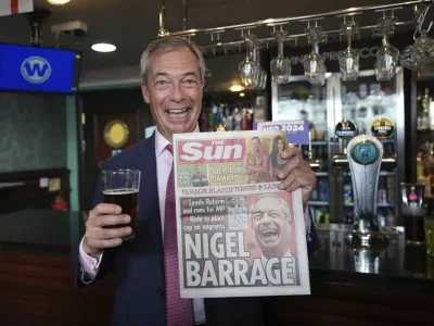 Leader of Reform UK Nigel Farage speaks to the media following the launch of his General Election campaign in Clacton-on-Sea, Essex, England, Tuesday June 4, 2024. Mr Farage announced on Monday that he will stand for parliament in Clacton and lead Reform UK for the next five years. (James Manning/PA via AP)