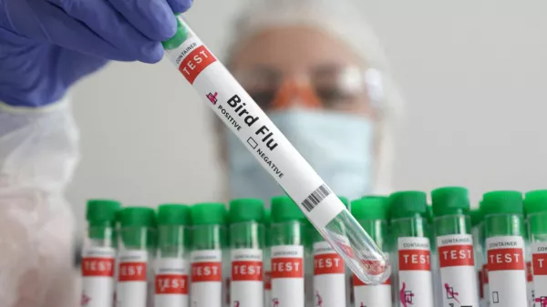 FILE PHOTO: A person holds a test tube labelled "Bird Flu", in this picture illustration, January 14, 2023. REUTERS/Dado Ruvic/Illustration/File Photo