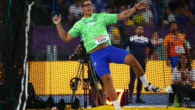 Athletics - European Athletics Championships - Stadio Olimpico, Rome, Italy - June 7, 2024 Slovenia's Kristjan Ceh in action during the men's discus throw final REUTERS/Kai Pfaffenbach