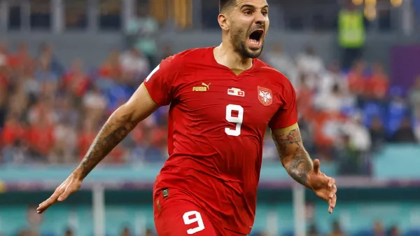 FILE PHOTO: Soccer Football - FIFA World Cup Qatar 2022 - Group G - Serbia v Switzerland - Stadium 974, Doha, Qatar - December 2, 2022 Serbia's Aleksandar Mitrovic celebrates scoring their first goal REUTERS/Suhaib Salem/File Photo