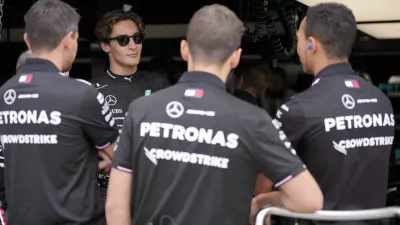 Formula One F1 - Canadian Grand Prix - Circuit Gilles Villeneuve, Montreal, Canada - June 8, 2024 Mercedes' George Russell on his garage before practice REUTERS/Mathieu Belanger