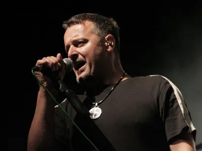 In this photo provided by his concert promoter, Croatian rock star Marko Perkovic, who goes by the stage name Thompson, performs in the Croatian capitol of Zagreb in June, 2007. Perkovic, set to launch a North America tour with two concerts in New York City, is drawing protests from groups who say his shows glorify the puppet government in Croatia that collaborated with the Nazis. (AP Photo/Thompson) ** NO SALES **