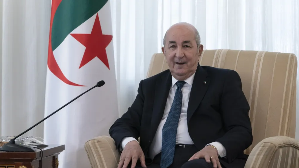 Algeria's President Abdelmadjid Tebboune, speaks for just under a half hour during the start of a meeting with U.S. Secretary of State Antony Blinken, Wednesday, March 30, 2022, at El Mouradia Palace, the President's official residence in Algiers, Algeria. (AP Photo/Jacquelyn Martin, Pool)