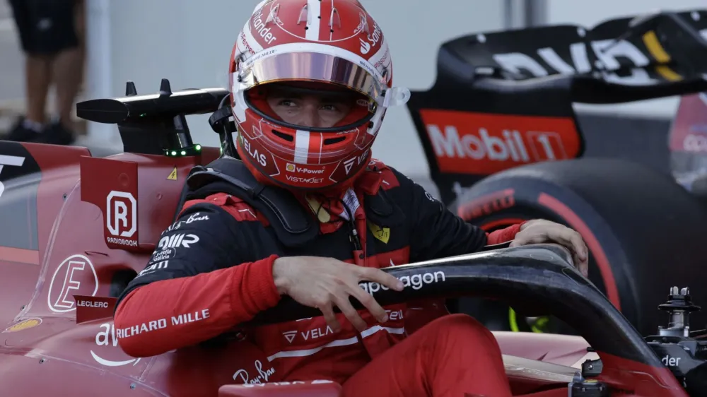 Formula One F1 - Azerbaijan Grand Prix - Baku City Circuit, Baku, Azerbaijan - June 11, 2022 Ferrari's Charles Leclerc celebrates after winning pole position REUTERS/Leonhard Foeger