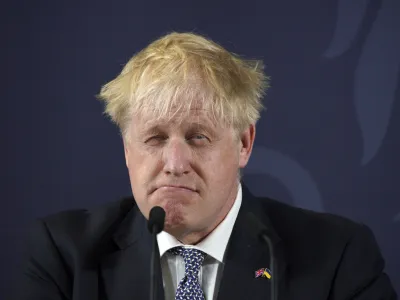 Britain's Prime Minister Boris Johnson makes a speech at Blackpool and The Fylde College in Blackpool, England, Thursday June 9, 2022. (Peter Byrne/Pool via AP)