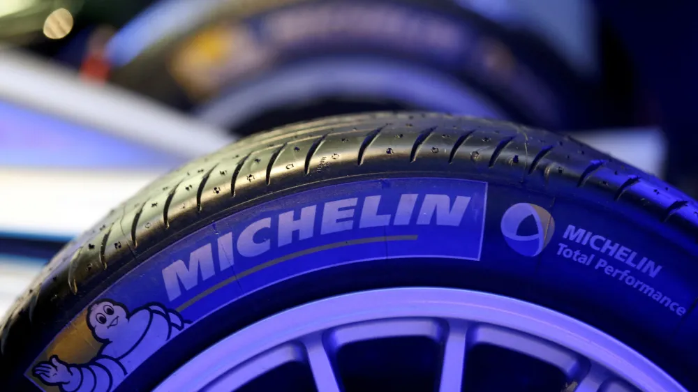 FILE PHOTO: The logo of French tyre maker Michelin is seen on a Formula E racing car in Rome, Italy May 17, 2016  REUTERS/Alessandro Bianchi/File Photo